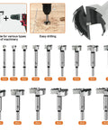 16 Piece Forstner Bit Set Heavy Duty Woodworking Drill Bits featuring various sizes from 15mm to 35mm for clean hole drilling.