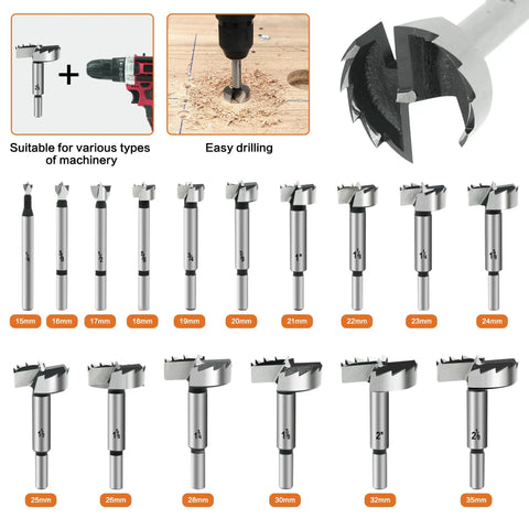 16 Piece Forstner Bit Set Heavy Duty Woodworking Drill Bits featuring various sizes from 15mm to 35mm for clean hole drilling.