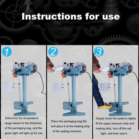 Instructions for use of Commercial Foot Pedal Impulse Sealer for sealing foil and plastic bags with adjustable temperature control.