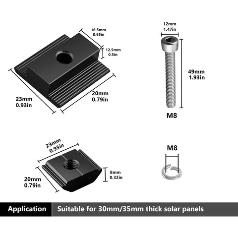 Heavy Duty Rock Solid Center Clamps For Solar Panels 10 Pack showcasing dimensions and components for 30mm and 35mm panels.