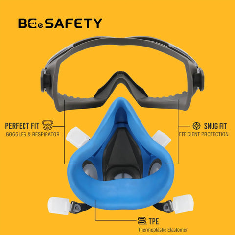 Half Face Respirator Mask Kit With Safety Goggles, Reusable RD518 For Painting, Dust, Gas And Chemicals in blue and black.