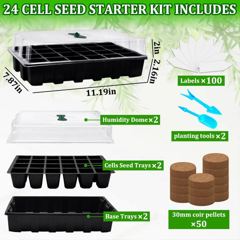 No Fuss Indoor Seed Starter Tray Kit Set For Quick Germination with 24-cell trays, humidity lids, coco pellets, tools, and labels