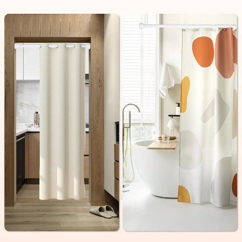Adjustable Shower Curtain Rod No Drill Tension Mount Stainless Steel 31-80 Inch With Retractable Center Section Heavy-Duty White Bath Rod in use with curtains.