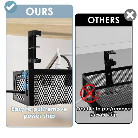 Comparison of 25 Inch Under Desk Cable Management Tray No Drill Clamp showing easy installation and heavy duty metal cord organizer.
