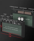 Auto Darkening 2x4 Welding Lens Shade 8-13 With True Color Blue Tech Filter Replacement, shown with sensors and controls overview.