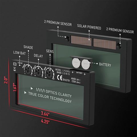 Auto Darkening 2x4 Welding Lens Shade 8-13 With True Color Blue Tech Filter Replacement, shown with sensors and controls overview.