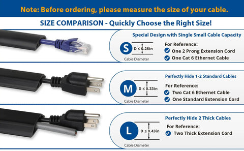 Low Profile Floor Cord Cover 4ft For Extension Cords And Cables Keeps 1 To 2 Wires Hidden And Trip Hazards Away With Durable PVC Floor Protector Black Slim Cable Channel For Home Office Living Room Garage And Workshop size comparison chart: small, medium, and large cable capacity options.