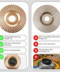 Comparison of wood carving discs; left golden disc with text showing compatibility, right silver disc with text indicating limitations.