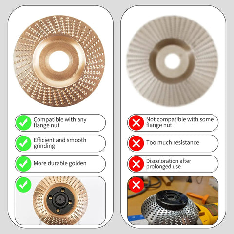 Comparison of wood carving discs; left golden disc with text showing compatibility, right silver disc with text indicating limitations.