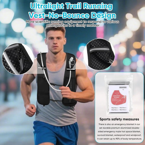 Ultra Lightweight Hydration Vest 5L Water Backpack with 2L BPA Free Bladder worn by runner, close-up detail of mesh and bladder