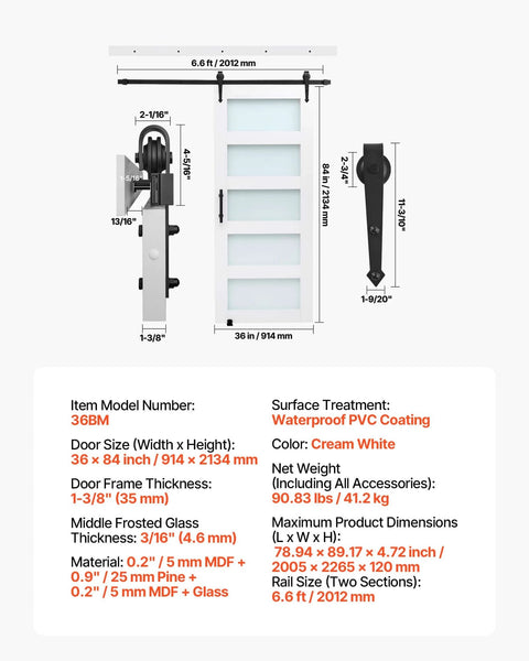 Diagram of a Premium Sliding Barn Door Kit 36 By 84 Inches With Header Board 6 Foot 6 Inch Track Kit And Handle Waterproof PVC Surface