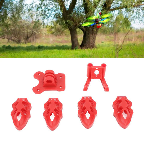 3D Printed RC FPV Drone Mounting Base Kit With Motor Camera And Antenna Mounts For 5 To 10 Inch Quadcopter Frames Lightweight Protective Frame Accessories For Dope FPV Racing And Freestyle Red parts on display with quadcopter flying in background