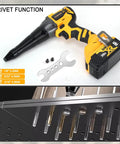 Tronyan Cordless Rivet Gun With Brushless Motor Pulls 2000 Lbs Force For 1/8 5 32 3 16 Inch Rivets Compatible With Dewalt 20v Max Battery Bare Tool showing tool with rivet sizes.