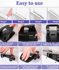 Heavy Duty Two Hole Punch With 150 Paper Fasteners for Office Files and Folders, showing usage steps and features, black finish
