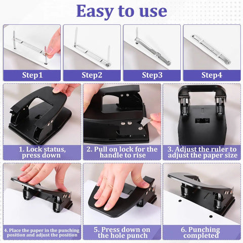 Heavy Duty Two Hole Punch With 150 Paper Fasteners for Office Files and Folders, showing usage steps and features, black finish