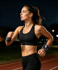 Runner wearing Hands Free Hydration Wrist Bottle For Runners, 200ml Silicone Leak Proof Water Bottle during night jog on track