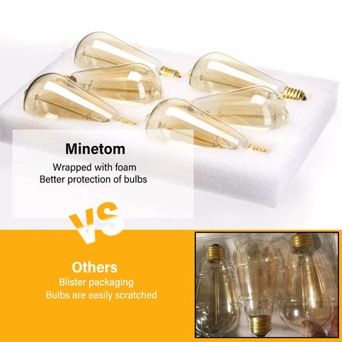 LED Edison Bulbs 60W Equivalent, E26 Base, Warm White, 6 Pack, securely packaged in foam for superior protection.