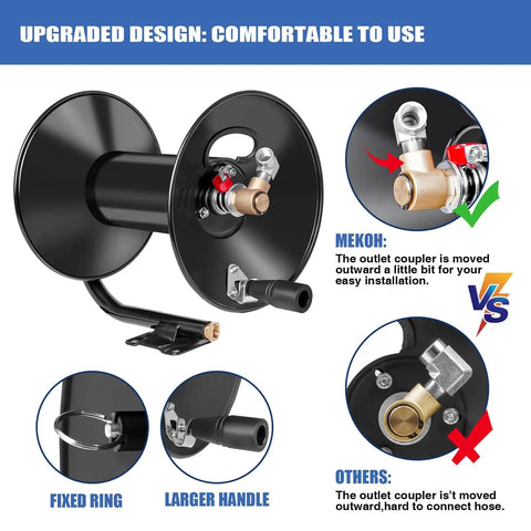 Beefy Heavy Duty Pressure Washer Hose Reel For Outdoor Use, 100 Ft By 3/8 Inch And 130 Ft By 1/4 Inch Dual Hose Reel with fittings