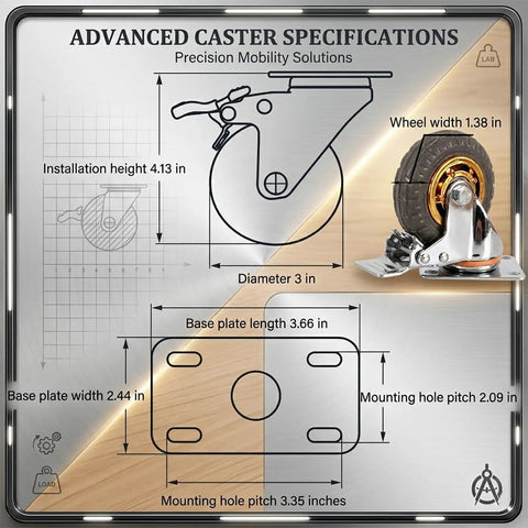 3 Inch Heavy Duty Caster Wheels Set Of Four dimensions and specifications on a diagram, detailing materials and design features.