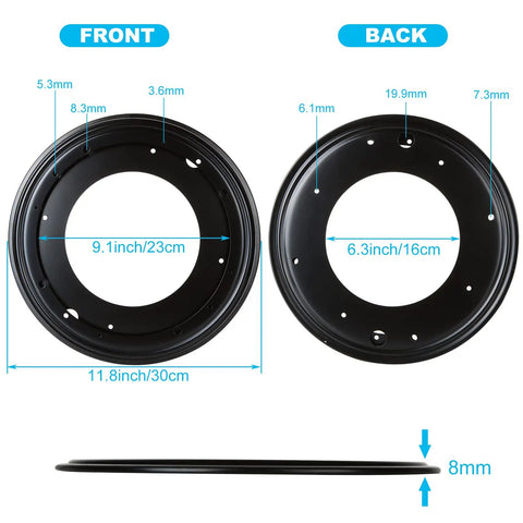Rock Solid Four Pack Of Twelve Inch Lazy Susan Bearings Forged From Heavy Duty Galvanized Steel Delivers Thousand Pound Load Capacity For Tough Corner Shelving And Quick Serve Display Tiers, showing front and back views with measurements.