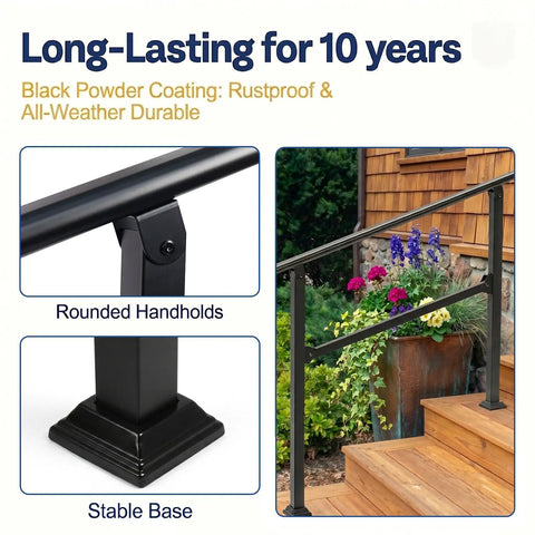 Heavy Duty 3 Step Outdoor Handrail 2 Pack Adjustable Metal Stair Railing with black powder coating and stable base for porch use.