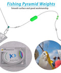 Fishing pyramid weights shown on a rig in use with a fish, packaging displayed below.