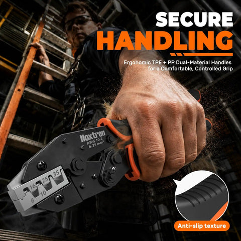 Heavy Duty Ferrule Crimping Tool For Large Wire Ferrules AWG 10 To 2 And 6 To 35 Mm2 Pro Grade Build For Electricians And Do It Yourself Projects With Easy Grip And Durable Construction in hand, with anti-slip handle texture