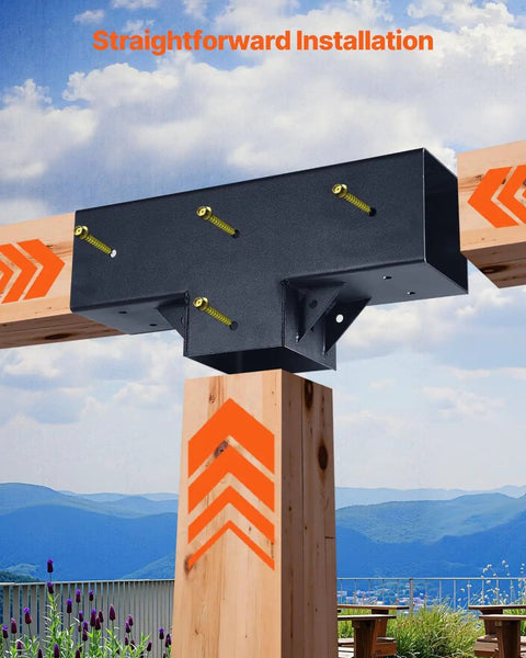 Heavy Duty 3 Way Pergola Brackets Kit For 4x4 Wood Beams 3.5x3.5 Inch T Shape Connectors With Screws installed outdoors