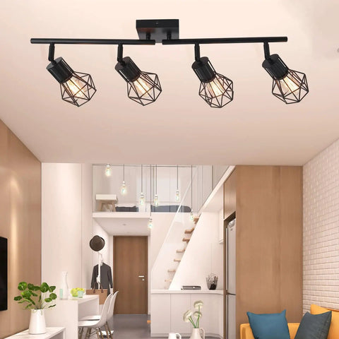 Get Your Kitchen Looking Fresh With These Adjustable Industrial Black Track Lighting Fixtures That Rotate Fully For Perfect Ceiling Lighting In Living Room Dining And Hallway Spaces. Shown in modern living space.