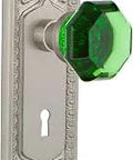 Egg And Dart Plate With Keyhole Privacy For Doors, Waldorf Emerald Door Knob In Satin Nickel Finish, 2.75 Inch Backset