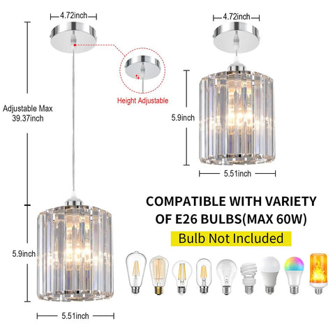 Crystal Pendant Lights Duo Kit for kitchen island, with mini crystal chandeliers, silver finish, bulb varieties shown.