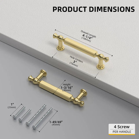 Product dimensions of 5 Pack 3 Inch Gold Cabinet Pulls Brushed Gold Drawer Handles Zinc Alloy Hardware For Kitchen Cupboard Bathroom Bedroom With 76mm Hole Centers And Easy Install