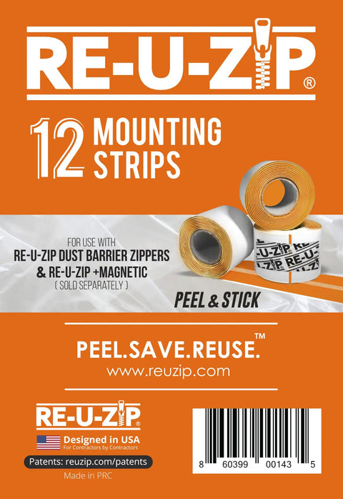 Mounting Strip Refills 12 Pack For Reusable Dust Barrier Zippers And Magnetic Entry Strips packaging with product details