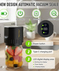 Upgrade Your Pantry Game With This Electric Mason Jar Vacuum Sealer Kit with fruits inside, battery display, and control panel.