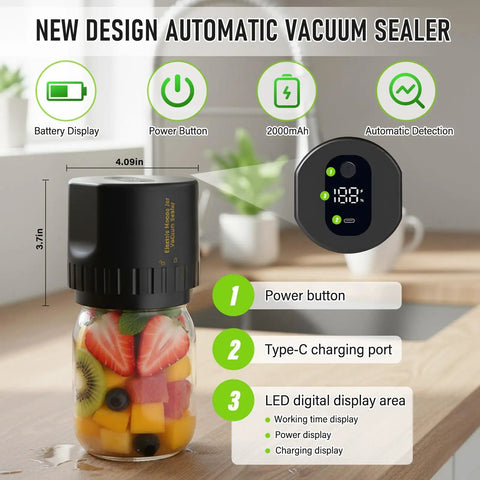 Upgrade Your Pantry Game With This Electric Mason Jar Vacuum Sealer Kit with fruits inside, battery display, and control panel.