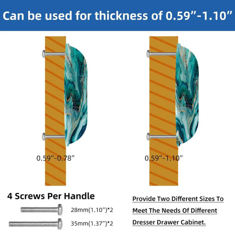 Premium Teal Marble Cabinet Cup Pulls displayed on thickness variations, showcasing 0.59-1.10 inch compatibility and screws.