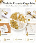 Gold Paper Binder And Clip Set With Push Pins, Metal Assorted Sized Binders, Paper Clips, And Holder for desk organization