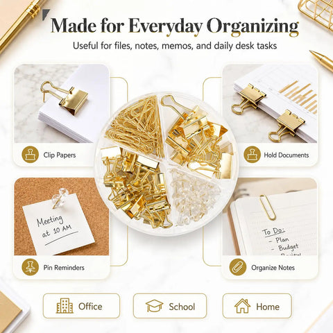 Gold Paper Binder And Clip Set With Push Pins, Metal Assorted Sized Binders, Paper Clips, And Holder for desk organization