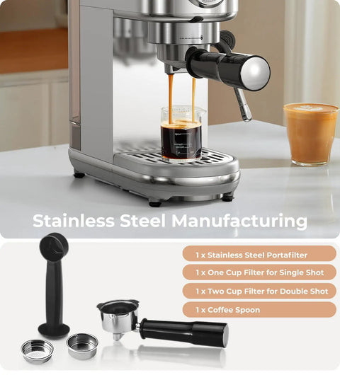 Espresso Machine With Milk Frother, 20 Bar Pressure, 44 Ounces Removable Water Tank, Compact Stainless Steel Coffee Maker For Home Or Office, Brew Lattes Cappuccinos Macchiatos Like A Pro, Sleek Silver
