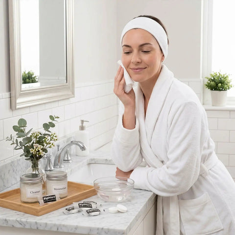Woman using 200 Count Cotton Compressed Towels Pack Disposable Face Towels Portable Expandable Wipes in bathroom