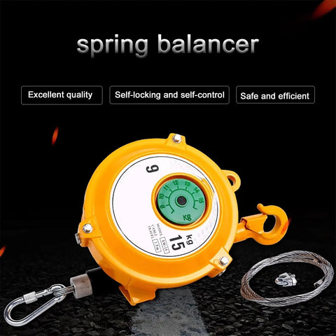 Retractable Tool Balancer With Self Locking Design, 1.5m Wire Rope, Heavy Duty Hook, Adjustable Hanging Retractor, 50-60kg Capacity, Aluminum Alloy Shell, Light Yet Tough Pro Grade Workshops yellow unit with rope and hook