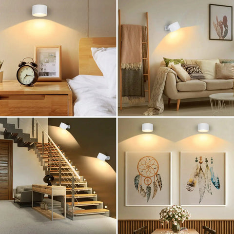 Cordless Rechargeable LED Wall Sconces 2 Pack With Magnetic Touch Dimmer And Remote 360 Degree Rotating Wall Lights in home settings, illuminating various interiors including bedroom, living room, stairway, and hallway.