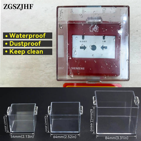 Magnetic Push Button Switch Protective Cover Square 84x84x62mm Dustproof Waterproof Transparent Shield for Computers and Power Cords Emergency Stop Buttons Built Tough Magnetic Design displayed with water droplets showing waterproof feature.