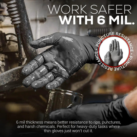 Top Shelf Black Nitrile Gloves 6 Mil Heavy Duty Disposable Work Gloves With Solid Grip Texture Latex Free Powder Free Crafted For Kitchen Cooking Industrial Jobs And Daily Grind 100 Pack Medium, hand covered in grease.