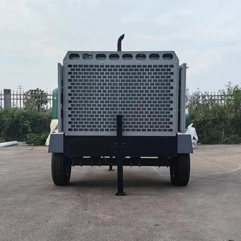 Rear view of Heavy Duty Rotary Screw Air Compressor with 100L or 500L tank and integrated air dryer for factory use.