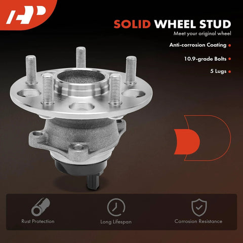 Rear Wheel Bearing And Hub Assembly With ABS For Toyota Camry RAV4 Avalon C HR And Lexus ES Models 2018 To 2024 5 Lug Drop In Replacement OE Style Durable Steel Housing Quiet Smooth Operation Long Lasting Performance, front view of 5-lug design.