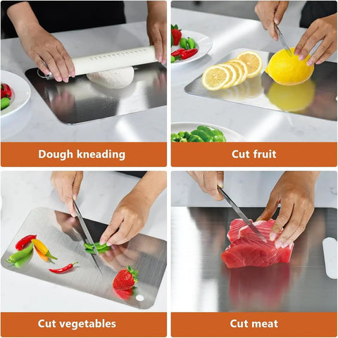 Three Piece Stainless Steel Cutting Board Set With Double Sided Thick Boards in use for kneading, slicing fruits, veggies, and meat.