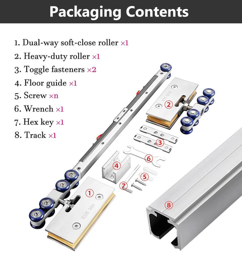 Packaging contents of Dual Soft-Close Frameless Glass Sliding Door Track System, including rollers and 16.4 ft rail.