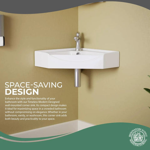 Alexander II 24 Inch Corner Wall Mounted Bathroom Sink White With Overflow in small bathroom setting, space-saving design.