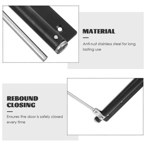 Automatic Door Closer For Home And Gate Black Stainless Steel With Rebound Closing And Anti Rust Feature showing material details.